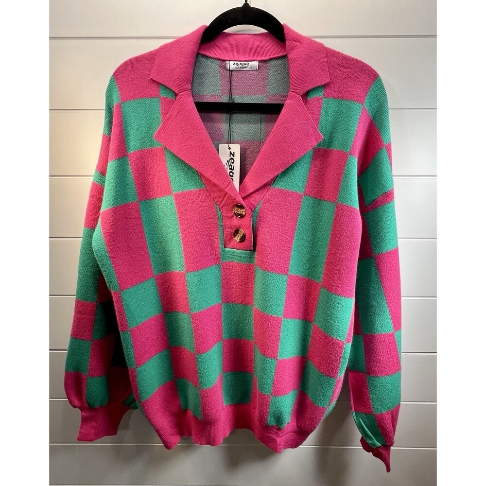 Zeagoo Hot Pink Green Plaid Sweater NEW Womens L Clueless Preppy Prep School - Picture 1 of 10